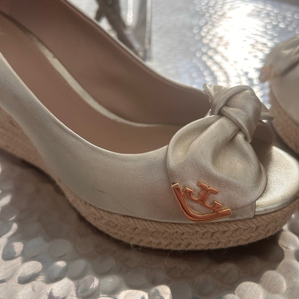 Tory Burch Cream Wedges with Gold Detail